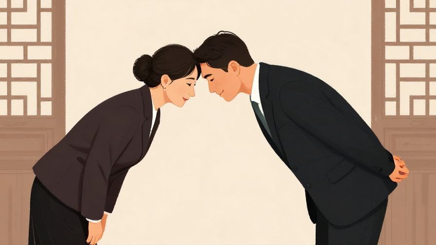 Illustration of a formally dressed person bowing slightly with a sincere smile in a traditional setting