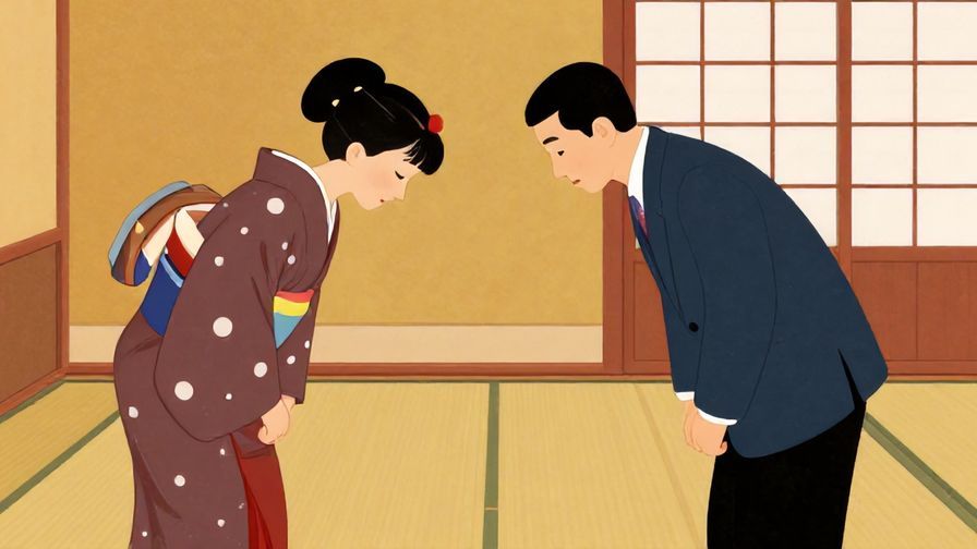 Illustration of a formally dressed person bowing slightly while speaking respectfully in a traditional Japanese setting, vibrant colors, illustrated style