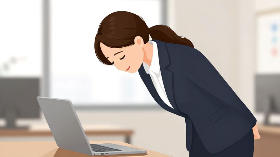 Illustration of a formally dressed person bowing with a slight relieved smile, soft office background