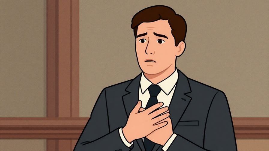 Illustration of a formally dressed person holding their chest with a worried expression, formal setting background, calm colors