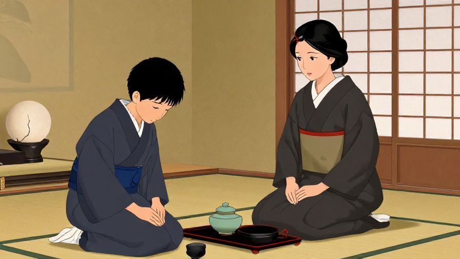 Illustration of a formally dressed person speaking politely with a gentle bow in a traditional Japanese tea room, soft lighting and elegant decor