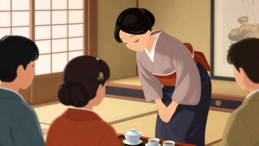 Illustration of a formally dressed person standing up from a tea gathering, bowing politely, soft natural lighting, traditional Japanese room background, vibrant colors, illustrated style