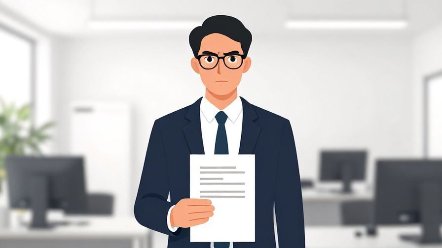 Illustration of a formally dressed person standing upright with a serious expression, holding a document, set in an office environment