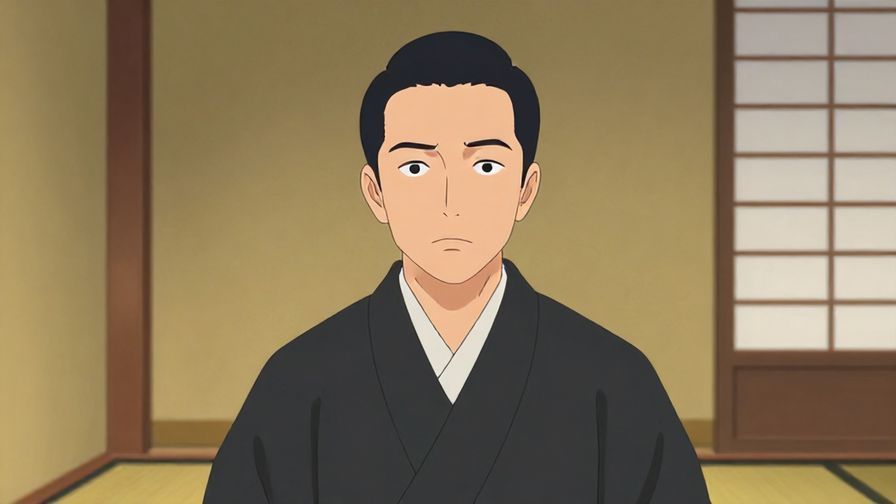 Illustration of a formally dressed person with a stressed but composed expression, traditional Japanese room background, calm colors