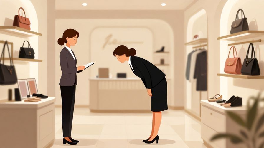 Illustration of a formally dressed shopper politely bowing to a store clerk, elegant store interior with soft lighting