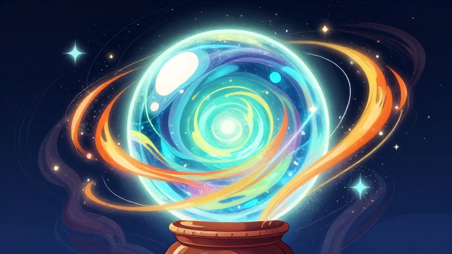 Illustration of a fortune teller examining a glowing crystal ball with swirling energy, vibrant colors, illustrated style