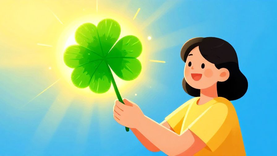 Illustration of a four-leaf clover glowing under sunlight with a happy person holding it, symbolizing luck and fortune, vibrant colors, illustrated style