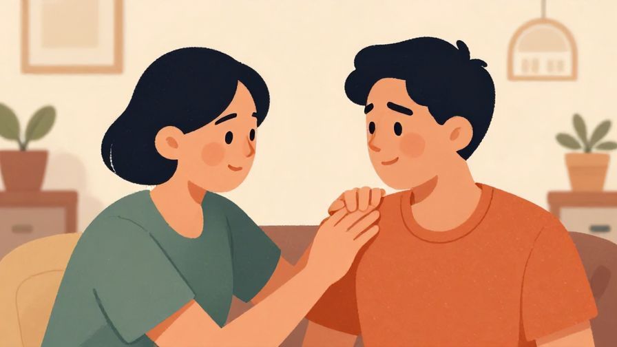 Illustration of a friend patting another’s shoulder supportively after effort, cozy home background, warm colors
