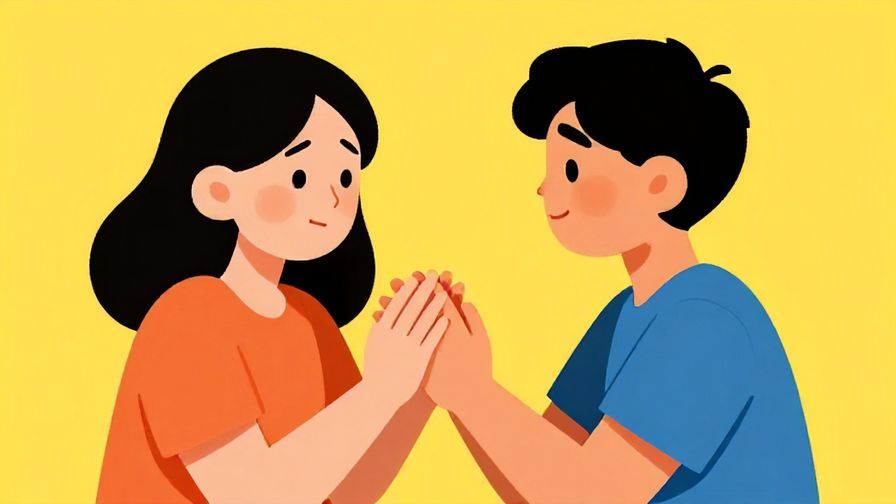 Illustration of a friend shaking another gently with a worried but encouraging smile, bright background with uplifting colors