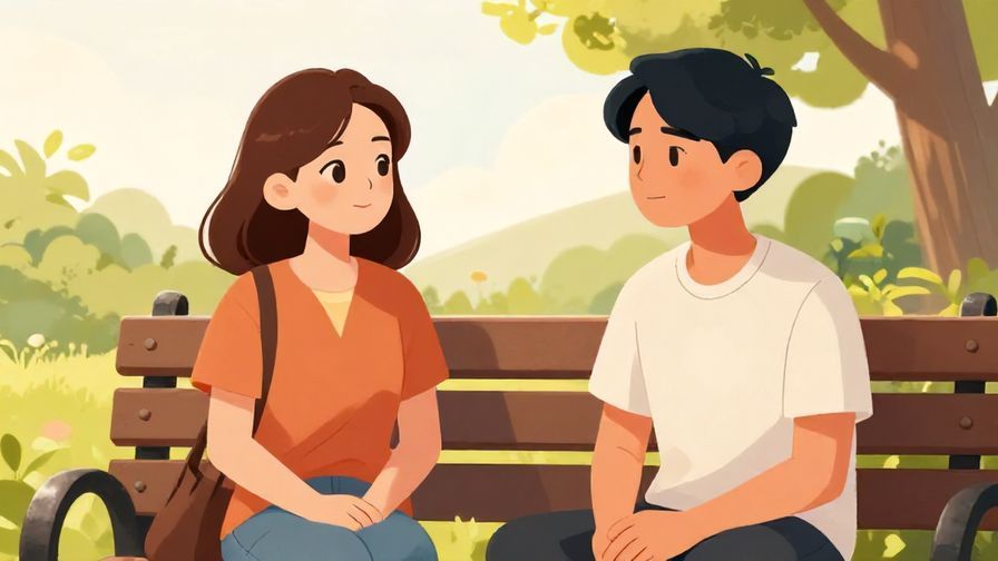 Illustration of a friendly but serious talk between two friends, one giving advice with a kind expression, park bench, soft afternoon light