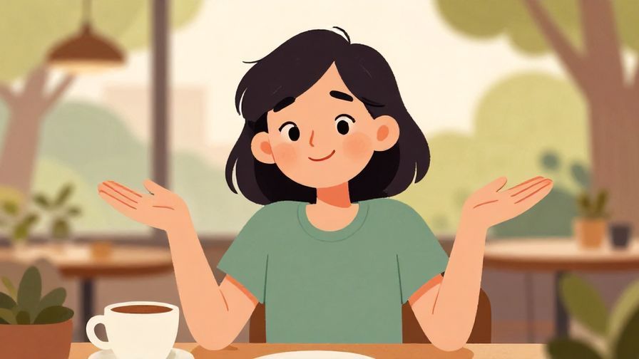 Illustration of a friendly character shrugging with a smile, casual setting like a café or park, warm colors