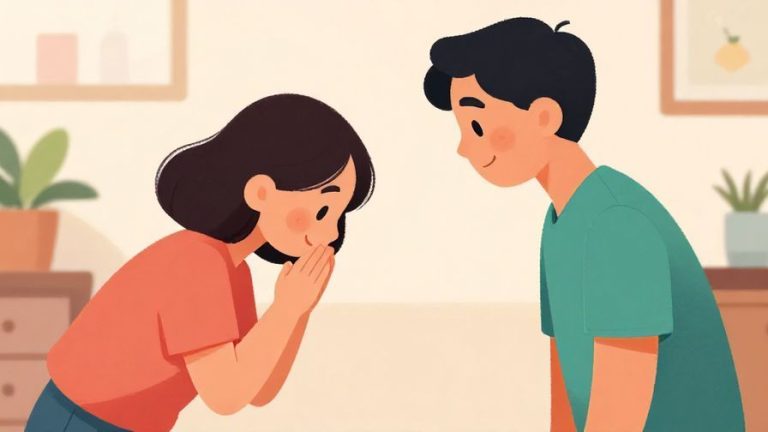 Illustration of a friendly conversation where one person bows slightly with a warm smile, and the other nods appreciatively in a casual setting, colorful and inviting
