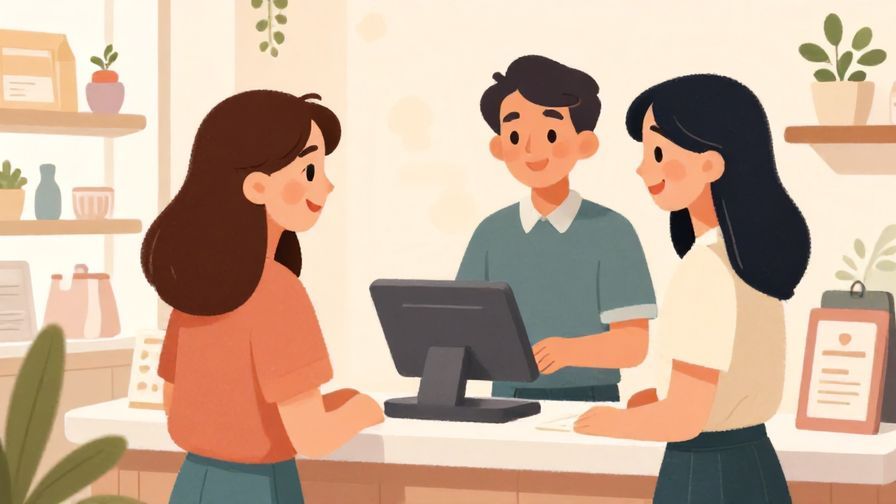 Illustration of a friendly exchange between customer and cashier with lighthearted smiles, soft pastel store interior with floral decorations