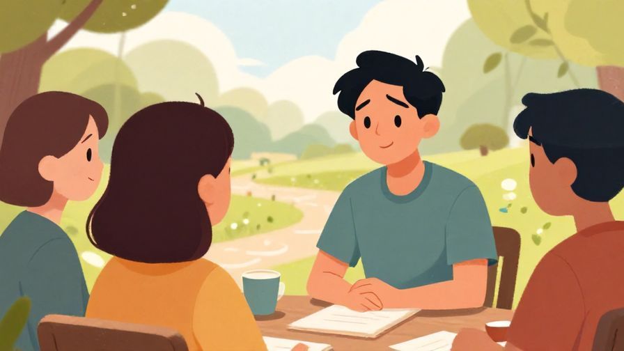 Illustration of a friendly group conversation, one person frowning gently but smiling, outdoor park setting