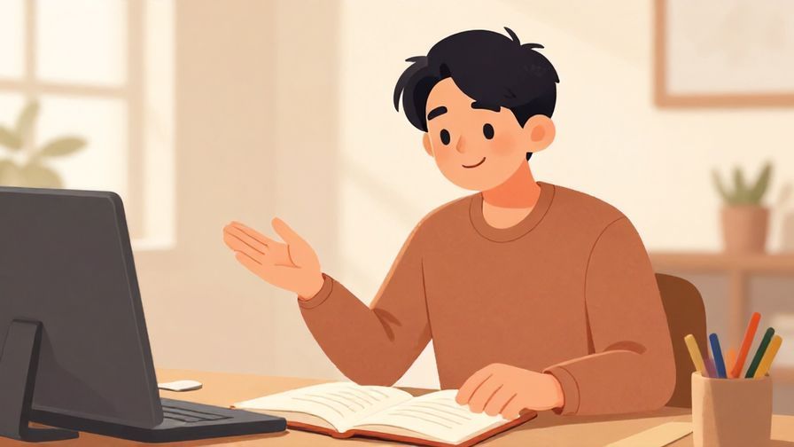 Illustration of a friendly person asking for help with reading, open posture and smiling, cozy indoor setting
