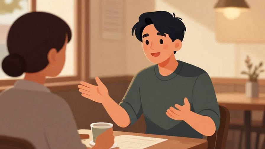 Illustration of a friendly person explaining something with open hands, relaxed café scene, warm lighting