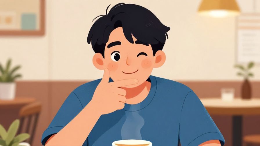 Illustration of a friendly person gently pointing to their mouth while smiling reassuringly, with a soft background of a casual café setting, vibrant colors, illustrated style