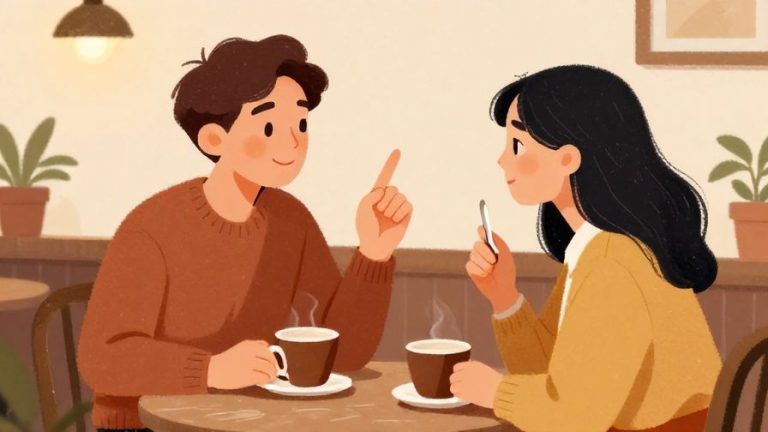 Illustration of a friendly person gently raising a finger as a reminder while chatting with a friend in a cozy café, warm colors, illustrated style