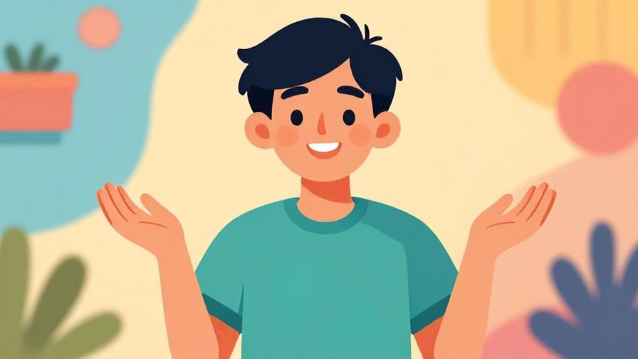 Illustration of a friendly person with a reassuring smile and hand raised in a calming gesture, colorful casual background