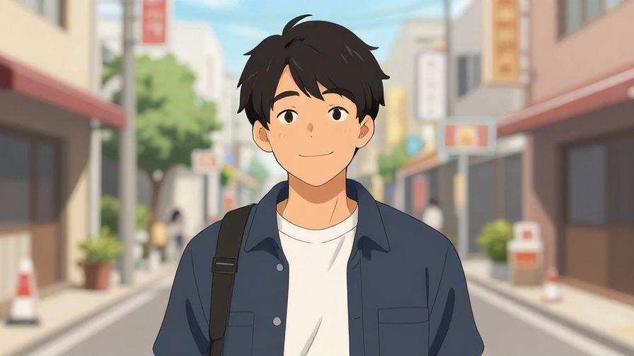 Illustration of a friendly person with a slight Kansai accent tone, casual street setting