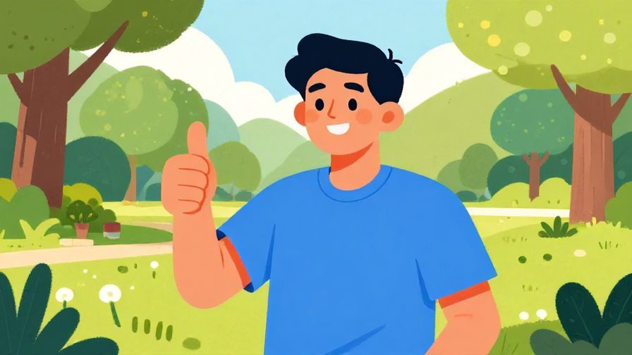 Illustration of a friendly person with an easy smile, giving a thumbs-up in a sunny park, vibrant colors, illustrated style