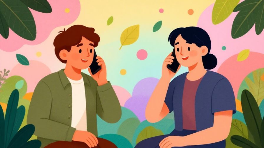 Illustration of a friendly phone call scene with two characters patiently waiting, colorful background with floating leaves and soft dots, vibrant illustrated style