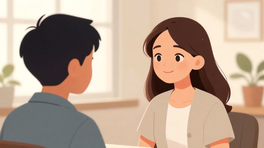 Illustration of a friendly, polite person smiling gently while making eye contact in a neutral indoor setting