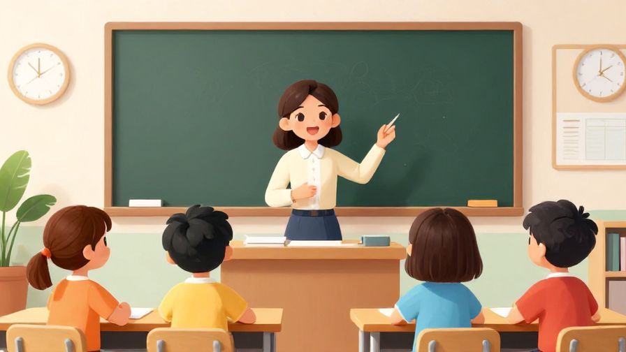 Illustration of a friendly teacher announcing to students with a clock behind, bright classroom setting, cheerful colors