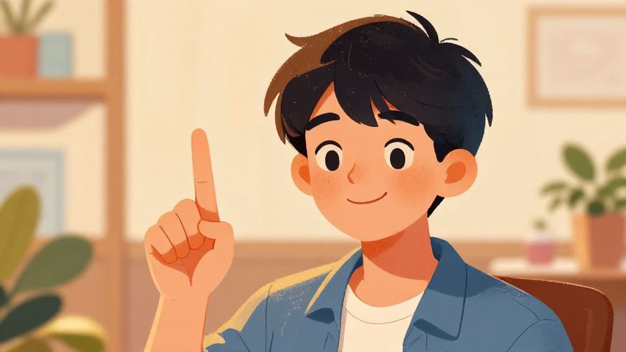 Illustration of a friendly young person holding up a finger to signal "just a moment," smiling softly with a warm atmosphere, detailed background, vibrant colors, illustrated style