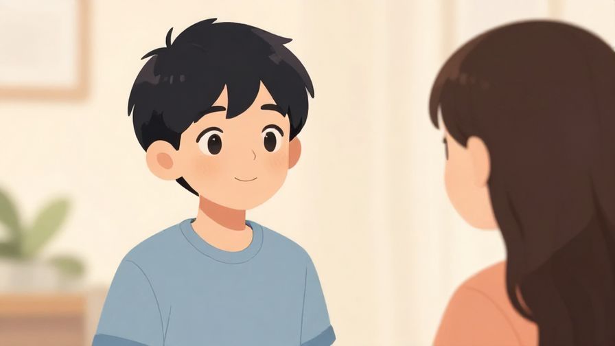 Illustration of a friendly young person speaking kindly to a friend, with a soft pastel background and gentle smile