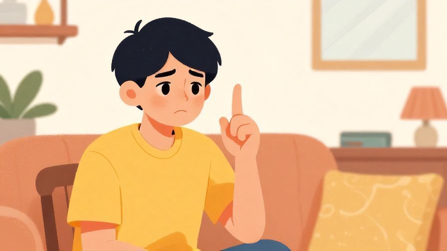 Illustration of a frustrated but affectionate person shaking a finger playfully, bright colors, indoor cozy room