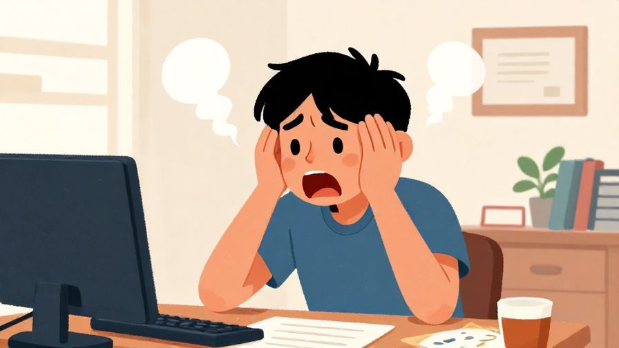 Illustration of a frustrated person screaming quietly with steam coming out of their ears, indoors with a messy desk, bright and expressive colors