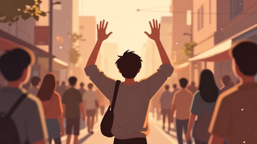 Illustration of a frustrated person throwing their hands up in a crowded street, sunset lighting