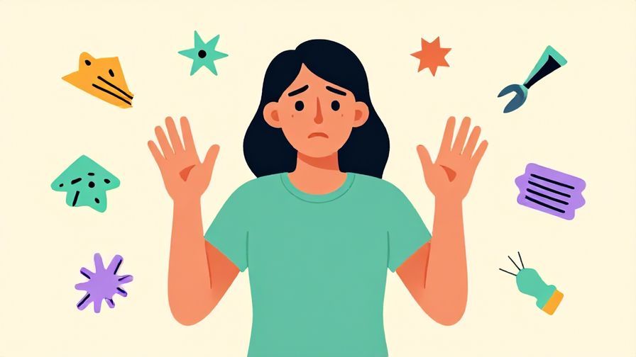 Illustration of a frustrated person waving their hands to stop, surrounded by clutter or chaos, bright pastel background