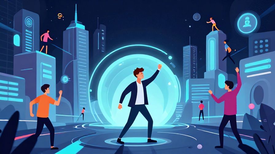 Illustration of a futuristic city with people navigating challenges, optimistic yet competitive atmosphere