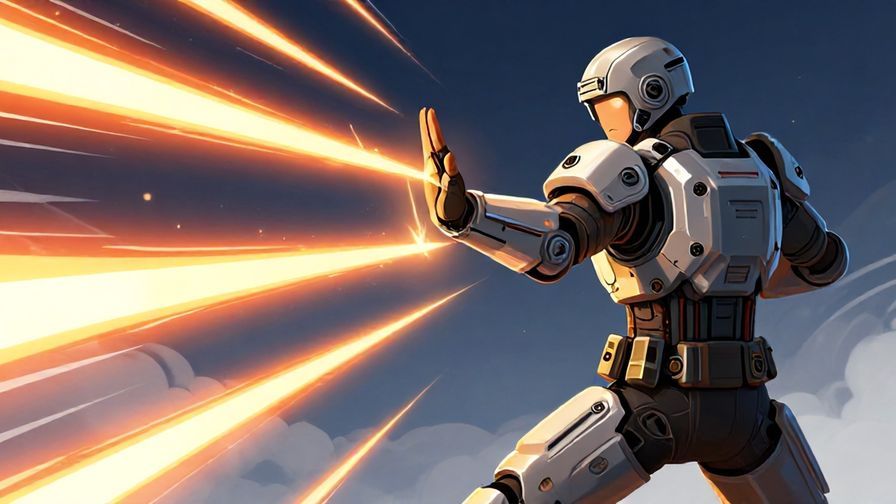 Illustration of a futuristic soldier giving a signal to start battle, with energy beams and high-tech armor, vibrant and action-packed