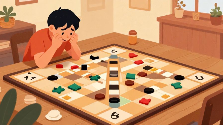 Illustration of a game board with a character sighing and looking down at lost pieces, warm indoor setting, cozy colors