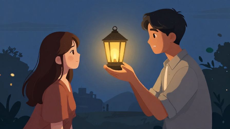 Illustration of a gentle compliment scene, one person speaking kindly to another under a softly glowing lantern at dusk