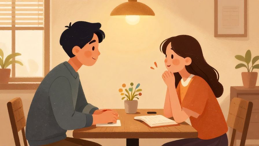 Illustration of a gentle conversation in a cozy room, one person asking sincerely, soft warm lighting