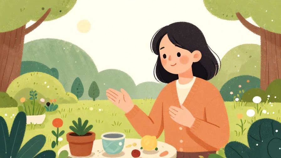 Illustration of a gentle person speaking with a soft smile, outdoors near a small garden, illustrated style