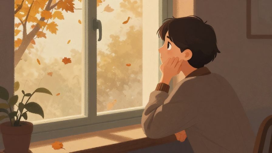 Illustration of a gentle person thoughtfully looking out a window at falling leaves, soft indoor lighting, contemplative mood