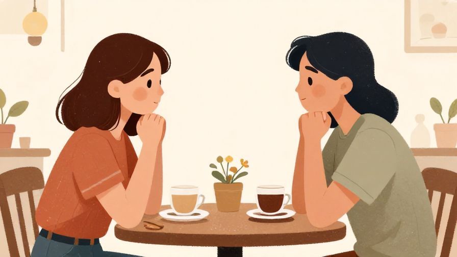 Illustration of a gentle request between two people in a quiet cafe, soft lighting, warm colors, illustrated style