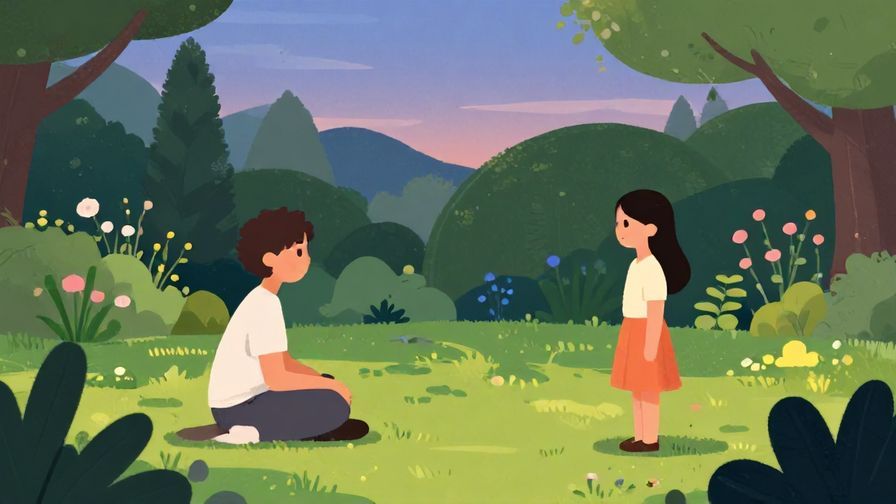 Illustration of a gentle scene with a person quietly encouraging another in a peaceful garden at dusk