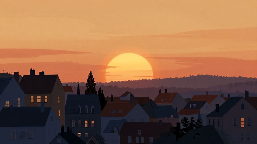 Illustration of a gentle sunset fading into night over a quiet village, symbolizing time passing and endings leading to new beginnings, warm colors, illustrated style
