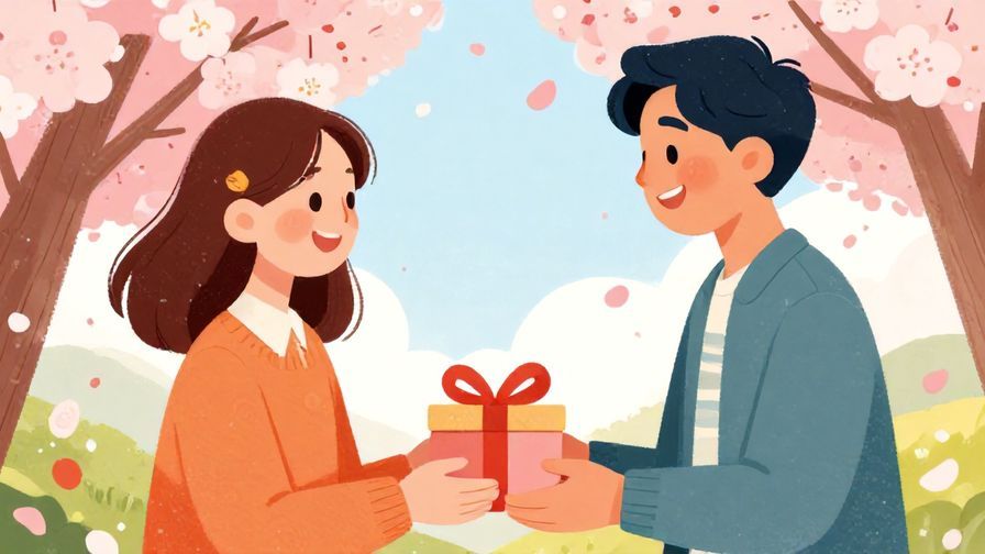 Illustration of a gift exchange between two friends smiling warmly, with cherry blossoms in the background, vibrant colors, illustrated style