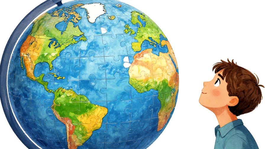 Illustration of a globe made up of puzzle pieces, some mismatched, with a person looking up thoughtfully, vibrant colors, illustrated style