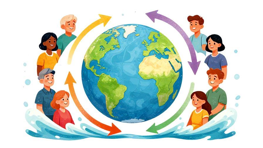 Illustration of a globe surrounded by flowing arrows and gentle waves, with smiling people of different ages around it, vibrant colors, illustrated style