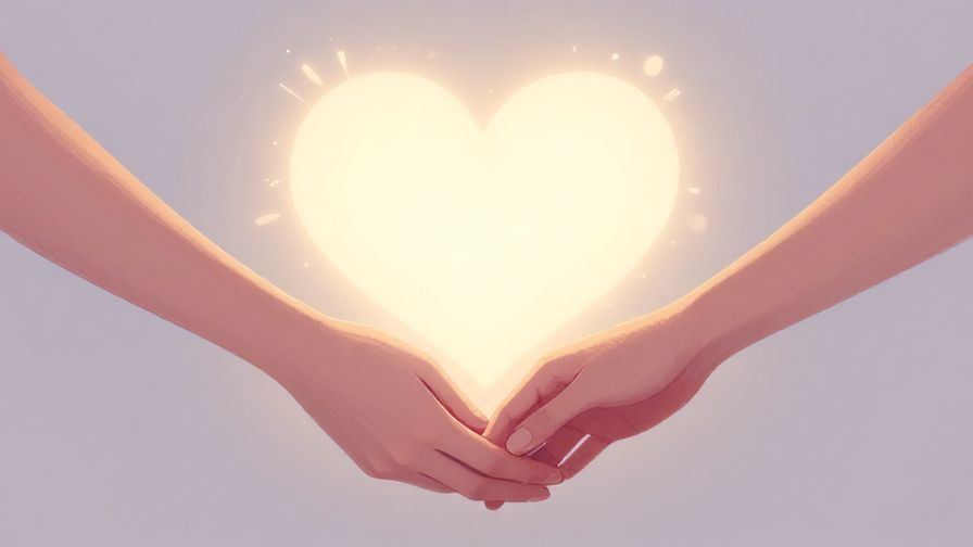 Illustration of a glowing heart connecting two people holding hands, with soft pastel background and gentle light rays, illustrated style