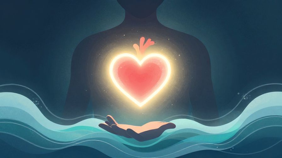 Illustration of a glowing heart floating inside a person’s silhouette, with gentle waves and soft light, symbolizing emotional change, illustrated style