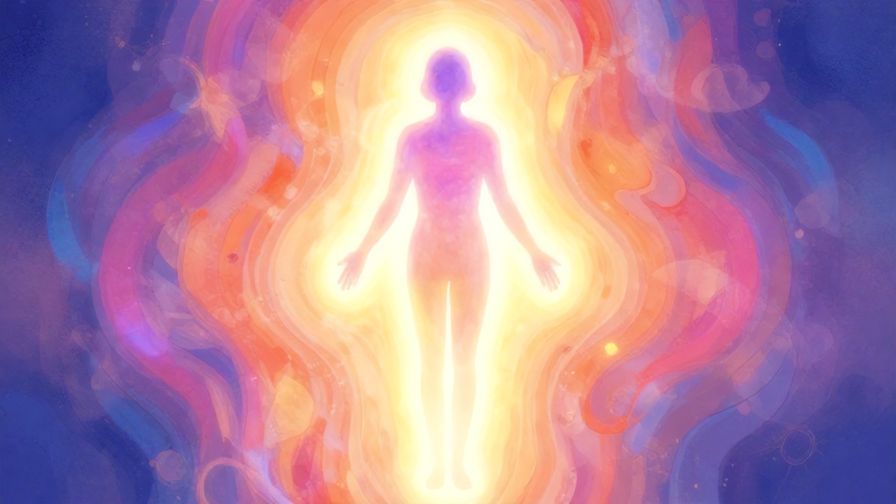 Illustration of a glowing human silhouette surrounded by a soft aura of light, symbolizing the essence of life and will, vibrant colors, illustrated style